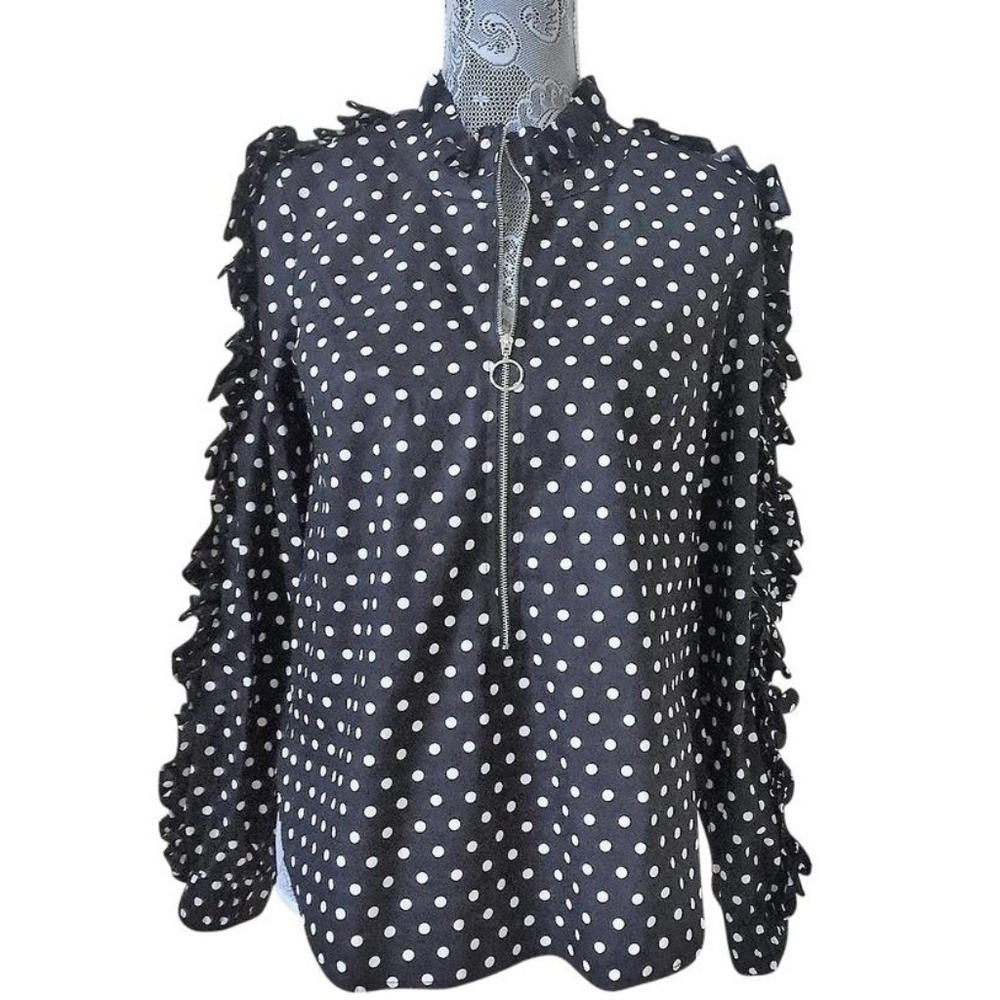 NWT$348 Greysn Black/White Polka Dot Ruffled Top S